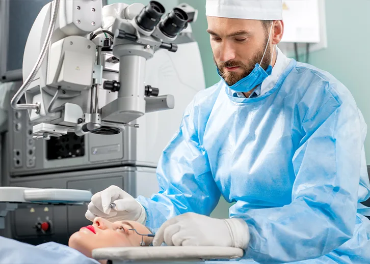 Ein junger Arzt behandelt das Auge einer Frau. Beide tragen OP-Kleidung, und es handelt sich um eine sehr sterile Umgebung.