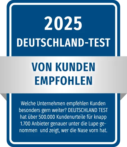 „Auszeichnungssiegel ‚Deutschland Test 2025 – Von Kunden empfohlen‘. Grundlage ist eine Studie mit über 500.000 Kundenurteilen zu rund 1.700 Anbietern, die zeigt, welche Unternehmen besonders häufig weiterempfohlen werden.