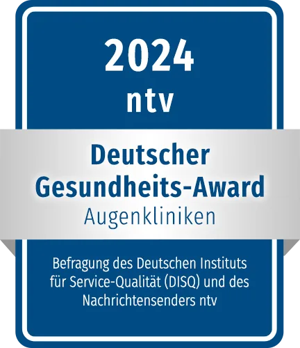 Auszeichnungssiegel ‚ntv 2024 – Deutscher Gesundheits-Award‘ in der Kategorie Augenkliniken. Vergeben auf Basis einer Befragung des Deutschen Instituts für Service-Qualität (DISQ) und des Nachrichtensenders ntv.
