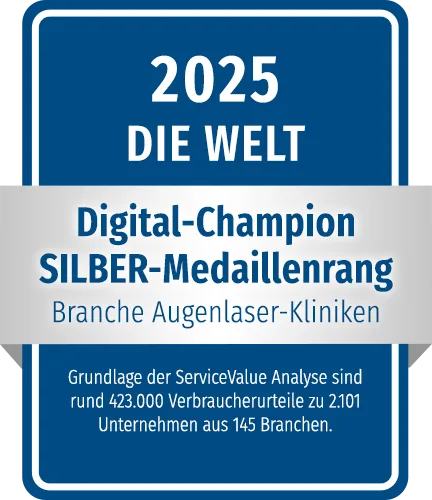 Auszeichnungssiegel ‚Die Welt 2025 – Digital-Champion Silber-Medaillenrang‘ in der Branche Augenlaser-Kliniken. Grundlage ist eine ServiceValue-Analyse mit rund 423.000 Verbraucherurteilen zu 2.101 Unternehmen aus 145 Branchen.