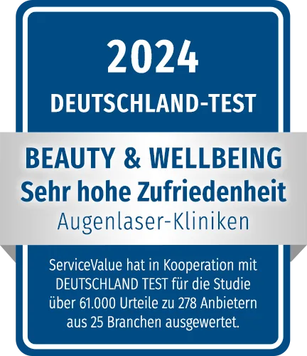Auszeichnungssiegel ‚Deutschland Test 2024 – Beauty & Wellbeing: Sehr hohe Zufriedenheit‘ in der Kategorie Augenlaser-Kliniken. Die Bewertung basiert auf einer ServiceValue-Studie mit über 61.000 Urteilen zu 278 Anbietern aus 25 Branchen.