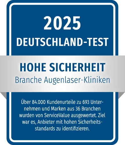 Auszeichnungssiegel ‚Deutschland Test 2025 – Hohe Sicherheit‘ in der Branche Augenlaser-Kliniken. Grundlage ist eine ServiceValue-Studie mit über 84.000 Kundenurteilen zu 693 Unternehmen aus 36 Branchen, die Anbieter mit hohen Sicherheitsstandards identifiziert.